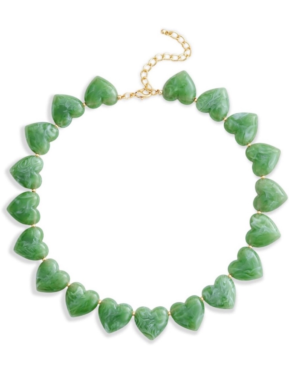 Green Heart Marbled Beaded Necklace - 14K Gold Plated